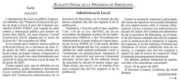 Butlletí Oficial de la Província de Barcelona on es publica l'aprovació de la pista d'SKATE de Gavà Mar (29 de gener de 2007)